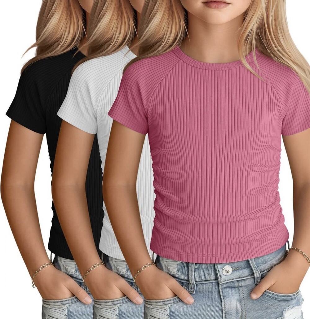3 Pack Girls Short Sleeve Ribbed Knit, Crew Neck Pink Black White 5-6 Yrs
